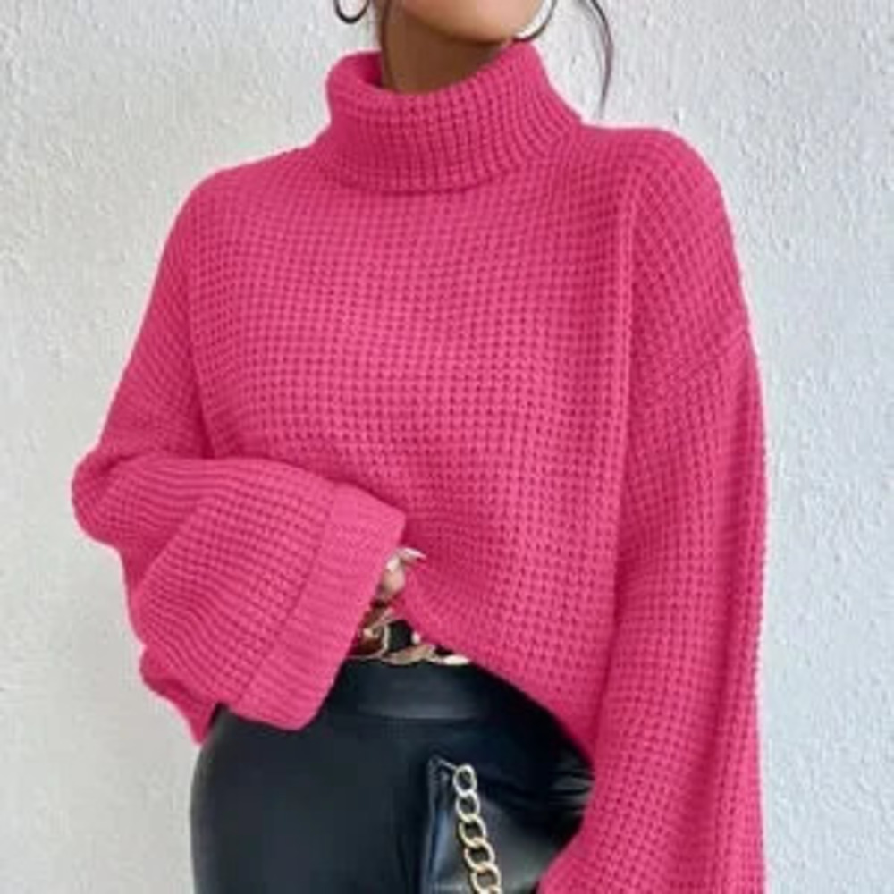 ZARA Hot Pink Casual Women's Loose Fit Turtleneck Drop Shoulder Sweater